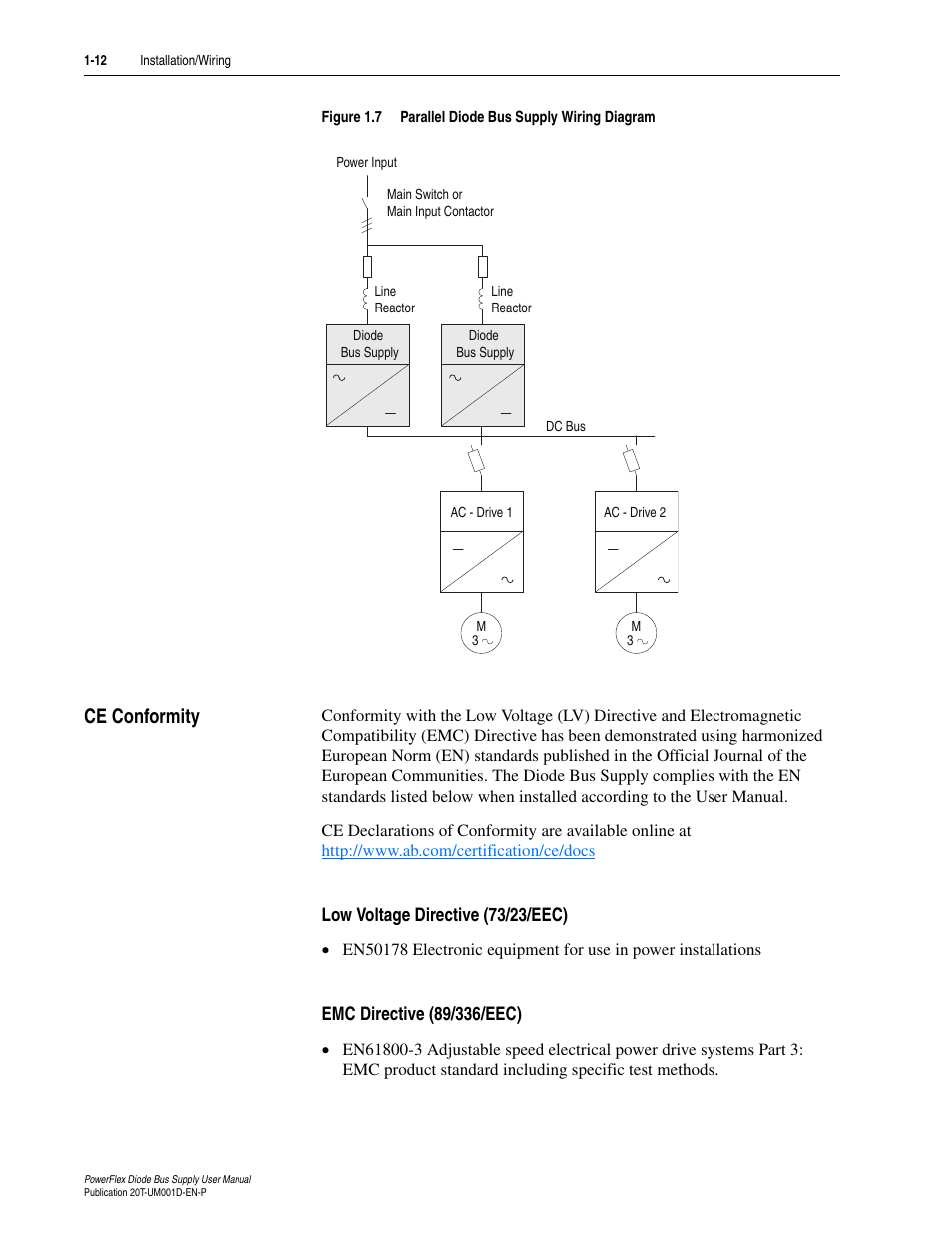 Ce conformity, Low voltage directive (73/23/eec), Emc directive (89/336/eec) | Ce conformity -12, Figure 1.7, One-percent reactors (catalog number | Rockwell Automation 20T PowerFlex Diode Bus Supply User Manual | Page 24 / 42