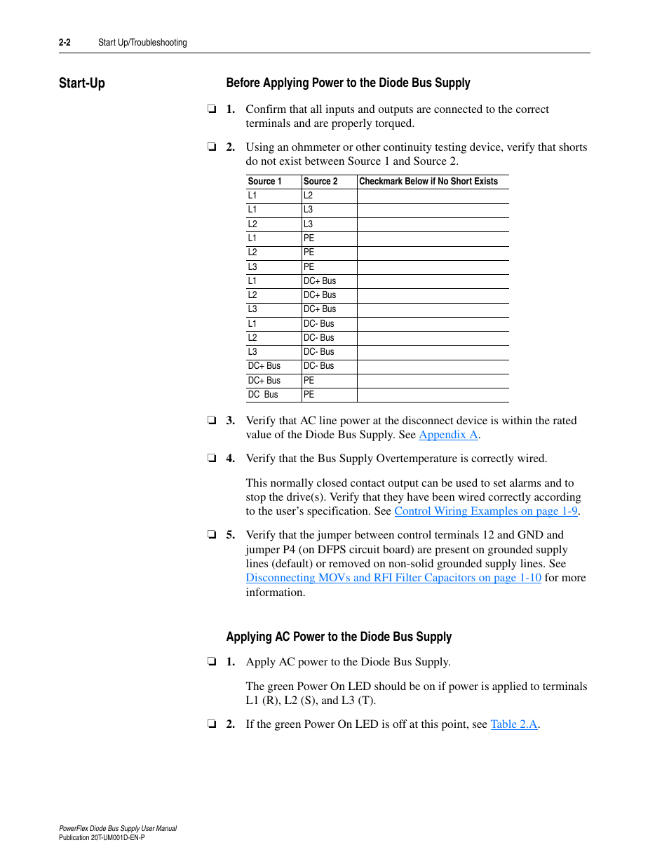 Start-up, Before applying power to the diode bus supply, Applying ac power to the diode bus supply | Start-up -2 | Rockwell Automation 20T PowerFlex Diode Bus Supply User Manual | Page 28 / 42
