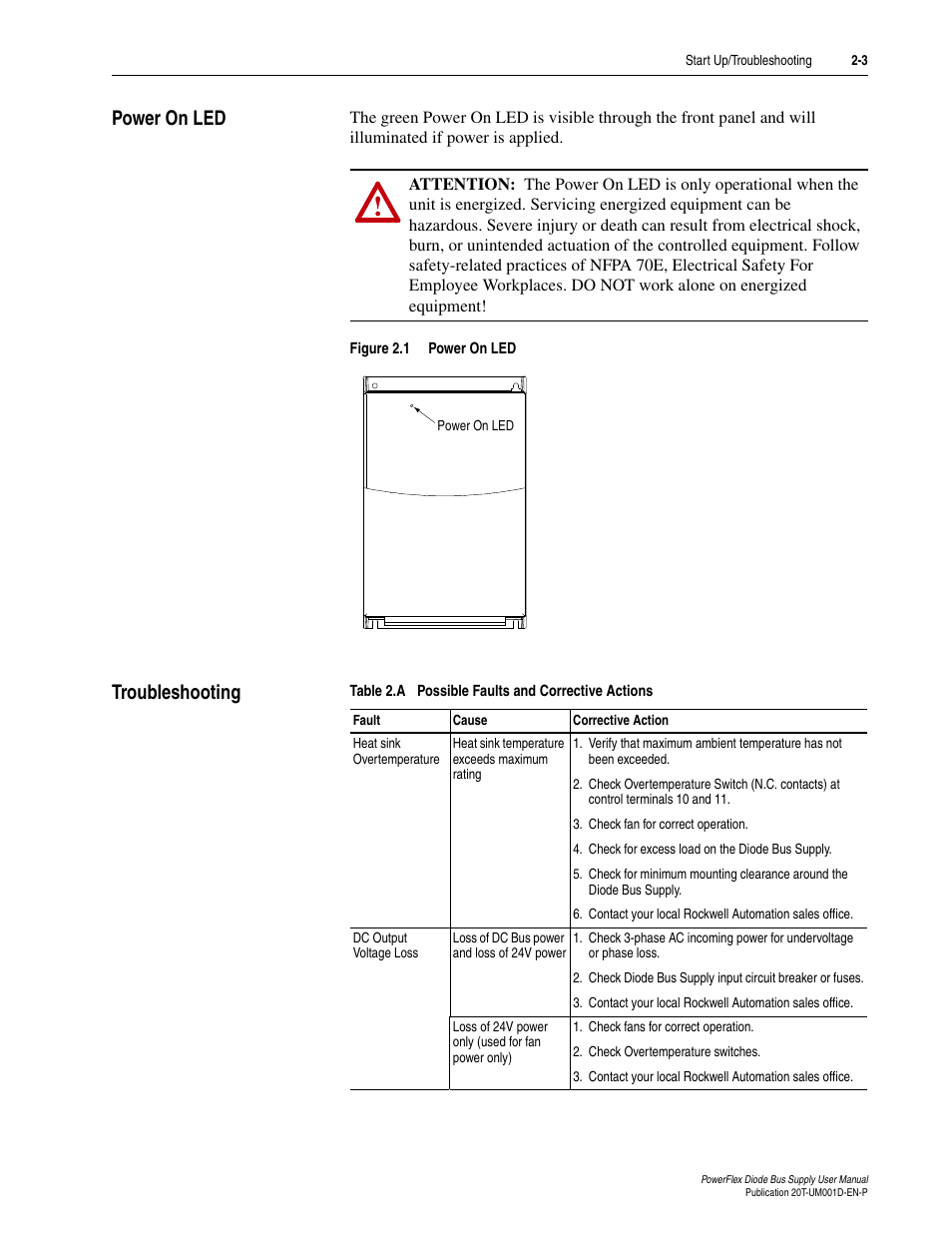 Power on led, Troubleshooting, Power on led -3 troubleshooting -3 | Rockwell Automation 20T PowerFlex Diode Bus Supply User Manual | Page 29 / 42