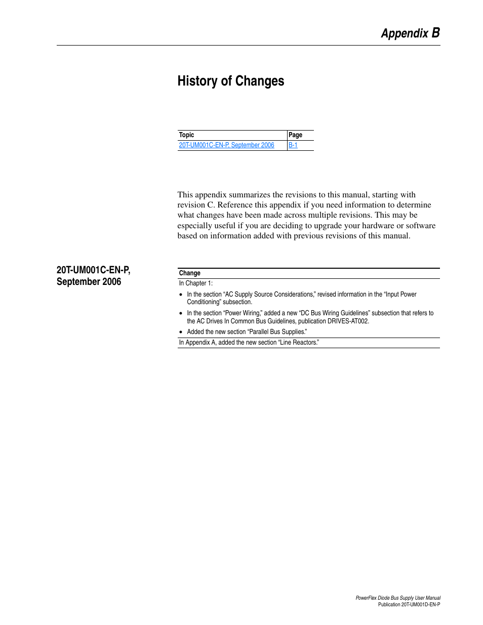 Appendix b, History of changes, 20t-um001c-en-p, september 2006 | Rockwell Automation 20T PowerFlex Diode Bus Supply User Manual | Page 37 / 42