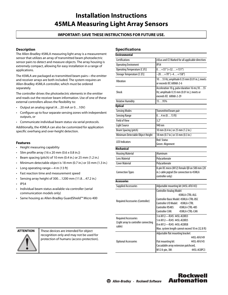 Rockwell Automation 45MLA Measuring Light Array Sensors User Manual | 4 pages