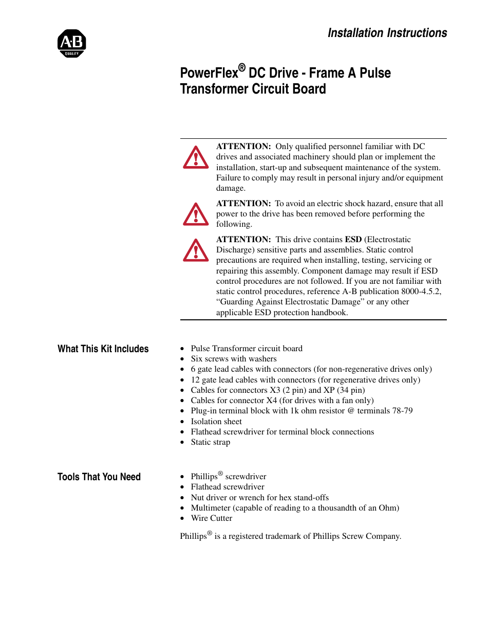 Rockwell Automation 20P PowerFlex DC Drive - Frame A Pulse Transformer Circuit Board User Manual | 20 pages