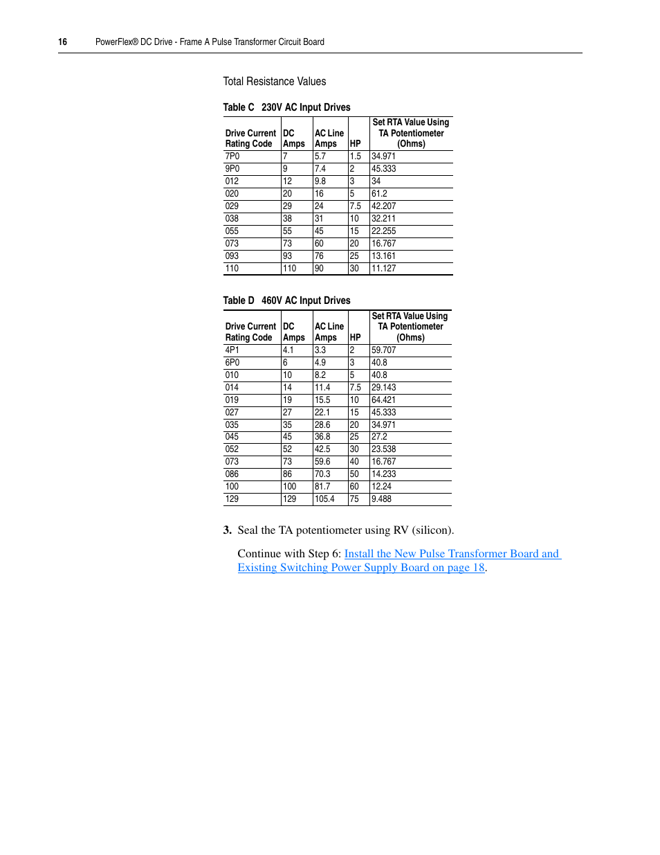 Table c, Table d, In the | Total resistance values | Rockwell Automation 20P PowerFlex DC Drive - Frame A Pulse Transformer Circuit Board User Manual | Page 16 / 20