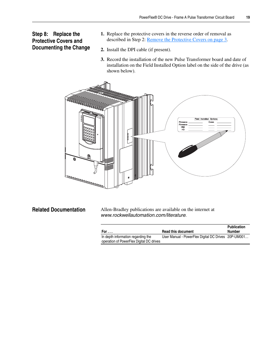 Related documentation | Rockwell Automation 20P PowerFlex DC Drive - Frame A Pulse Transformer Circuit Board User Manual | Page 19 / 20
