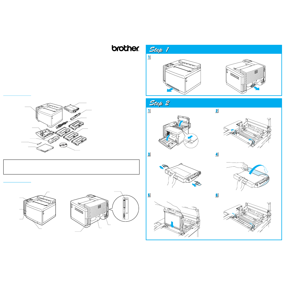 Quick setup guide, Step 1, Remove the protective parts step 1 | Remove the protective parts step 2 | Brother HL-2400Ce Series User Manual | Page 2 / 4