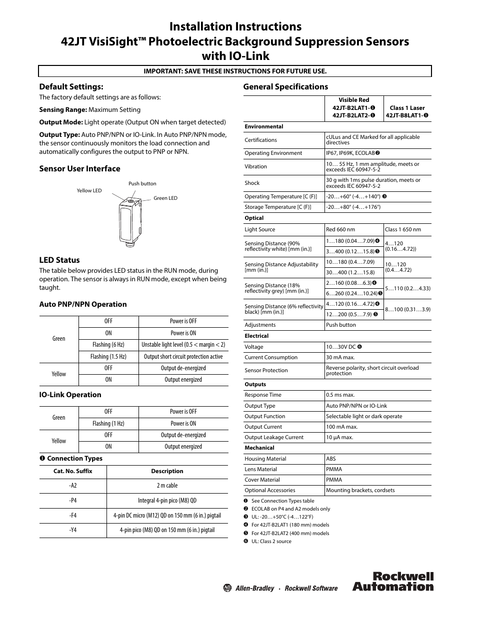 Rockwell Automation 42JT-xxx VisiSight Photoelectric Background Suppression Sensors User Manual | 4 pages