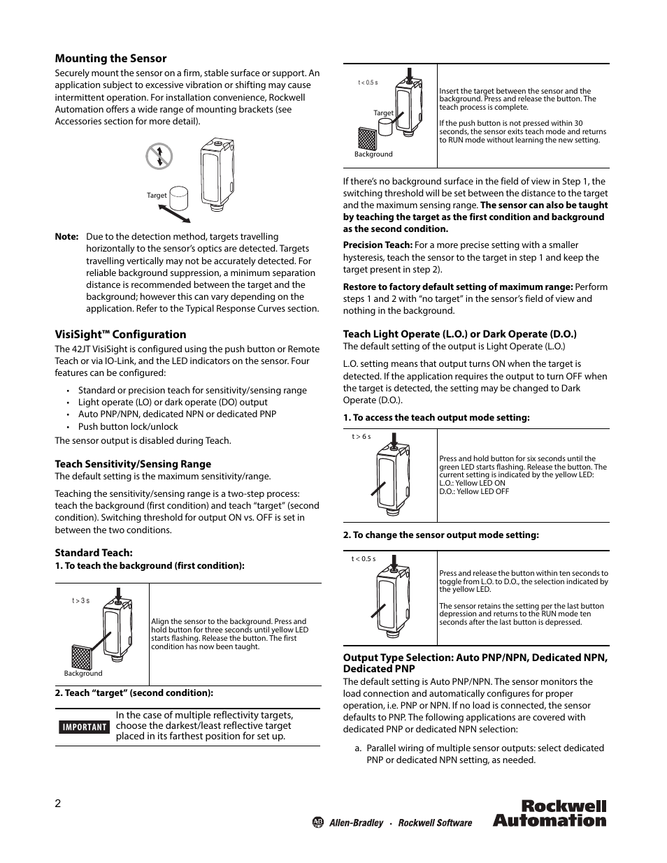 Mounting the sensor, Visisight™ configuration | Rockwell Automation 42JT-xxx VisiSight Photoelectric Background Suppression Sensors User Manual | Page 2 / 4