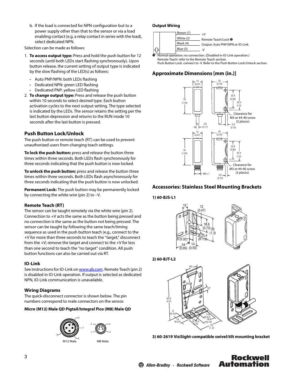 Push button lock/unlock, Remote teach (rt), Io-link | Wiring diagrams, Output wiring | Rockwell Automation 42JT-xxx VisiSight Photoelectric Background Suppression Sensors User Manual | Page 3 / 4