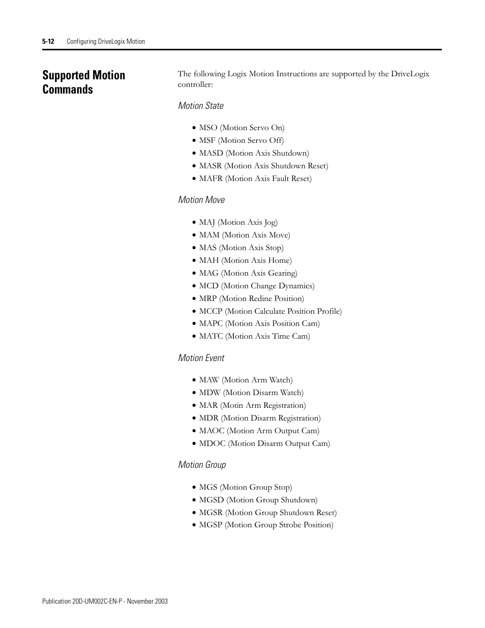 Supported motion commands | Rockwell Automation 5720 DriveLogix System User Manual | Page 116 / 263