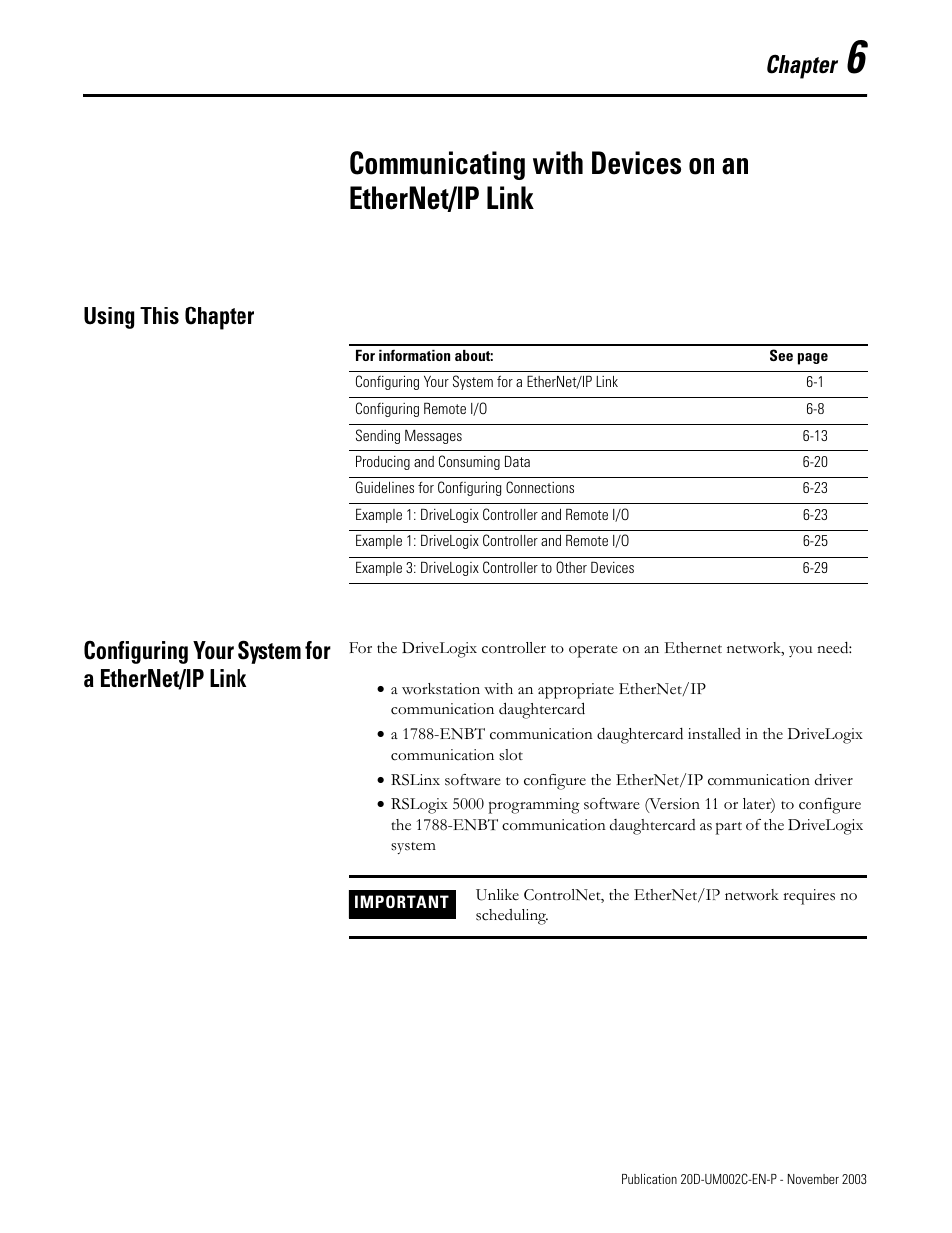 Chapter 6, Communicating with devices on an ethernet/ip link, Using this chapter | Configuring your system for a ethernet/ip link | Rockwell Automation 5720 DriveLogix System User Manual | Page 117 / 263