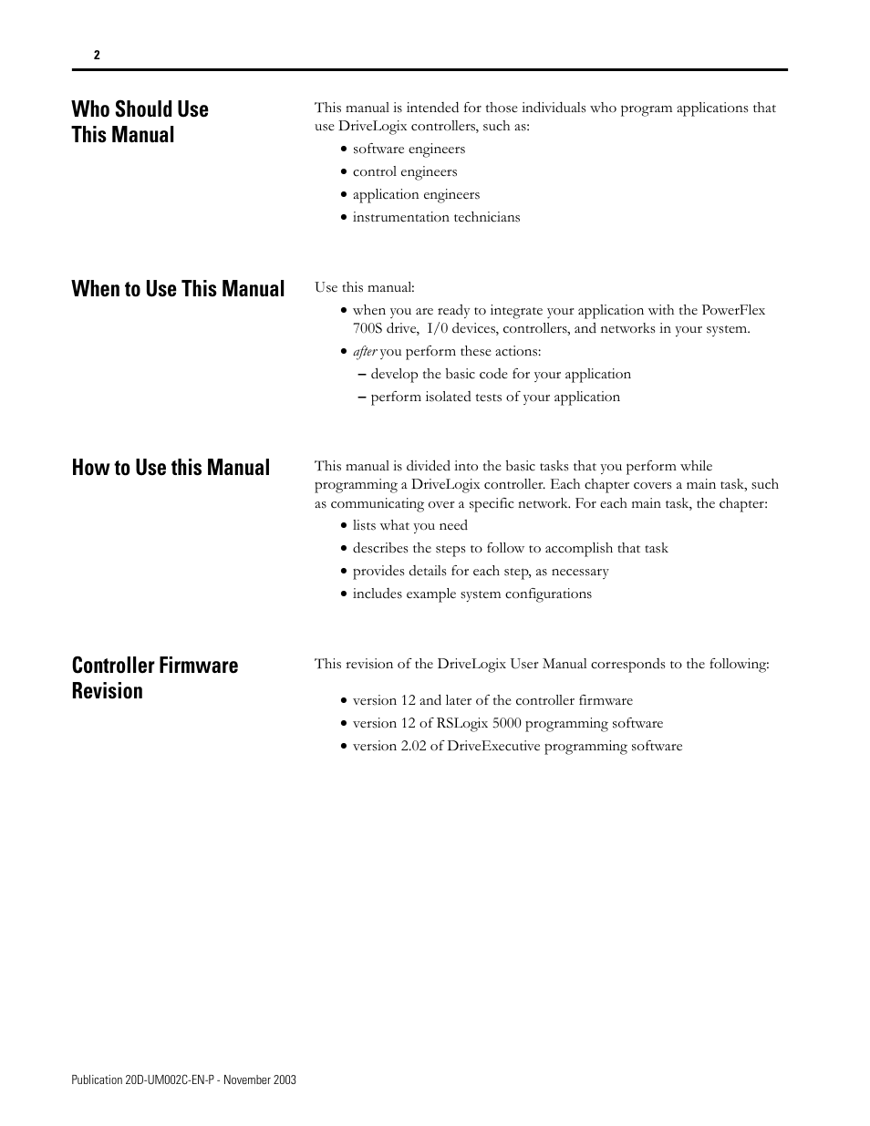 Who should use this manual, When to use this manual, How to use this manual | Controller firmware revision | Rockwell Automation 5720 DriveLogix System User Manual | Page 12 / 263