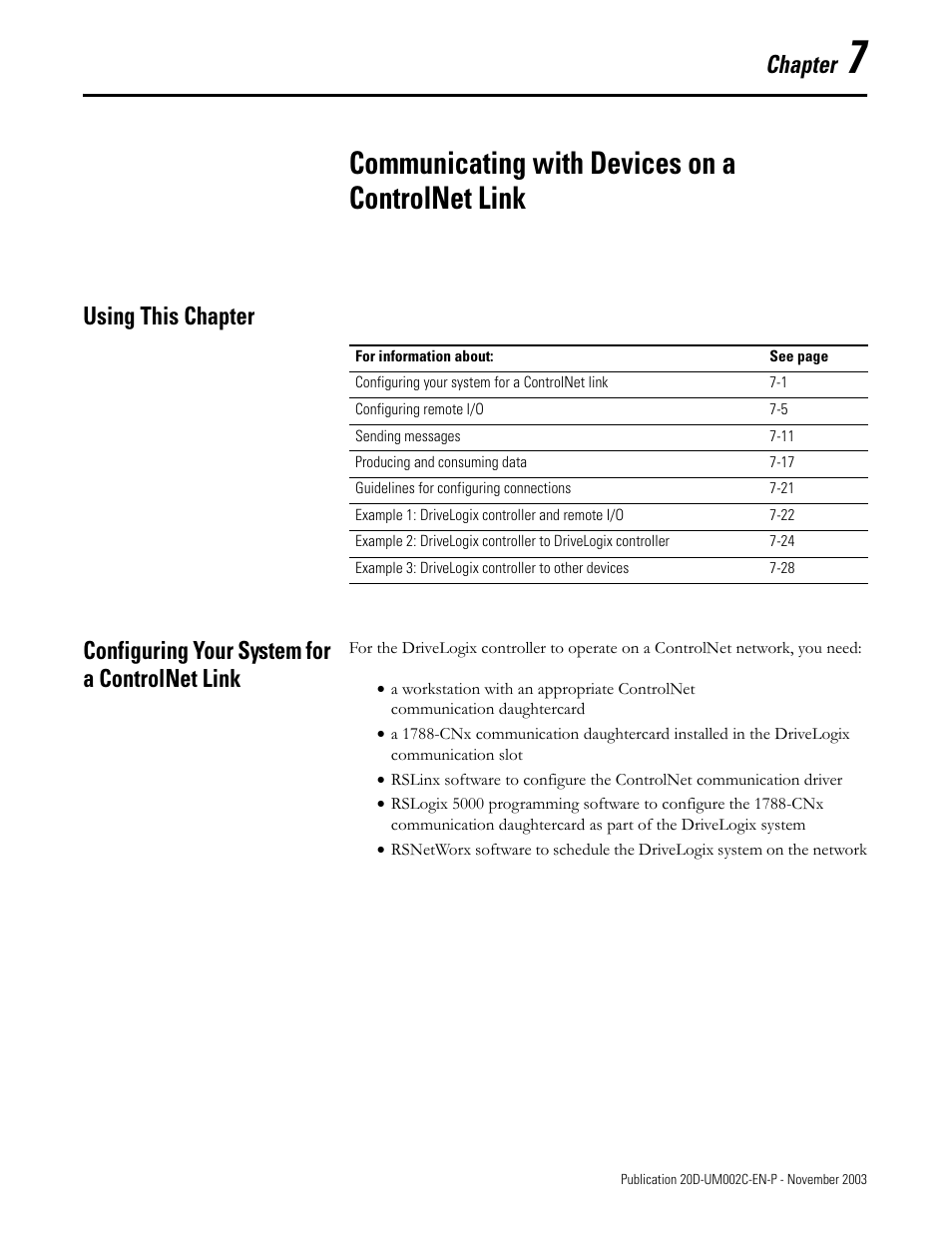 Chapter 7, Communicating with devices on a controlnet link, Using this chapter | Configuring your system for a controlnet link | Rockwell Automation 5720 DriveLogix System User Manual | Page 147 / 263