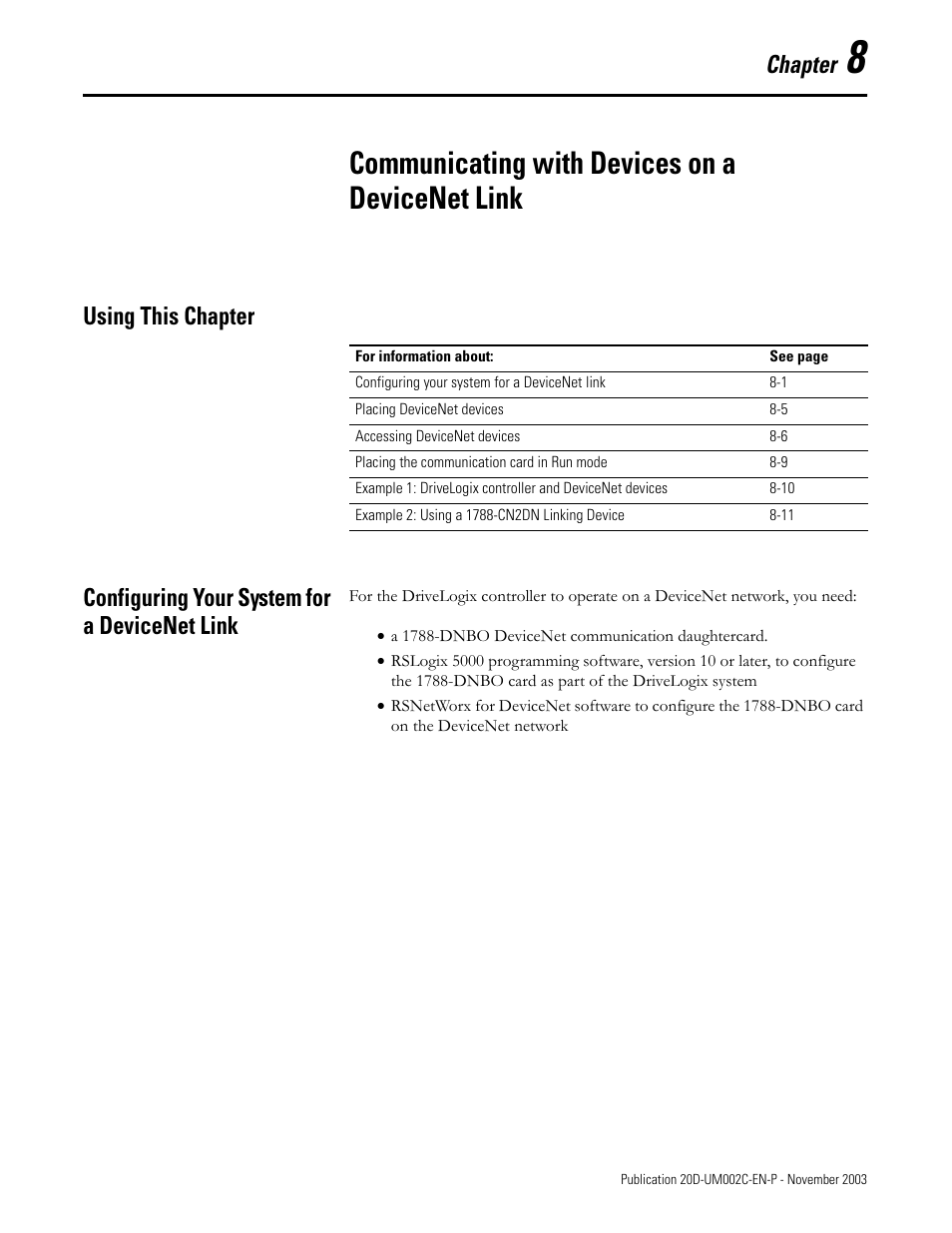 Chapter 8, Communicating with devices on a devicenet link, Using this chapter | Configuring your system for a devicenet link | Rockwell Automation 5720 DriveLogix System User Manual | Page 181 / 263