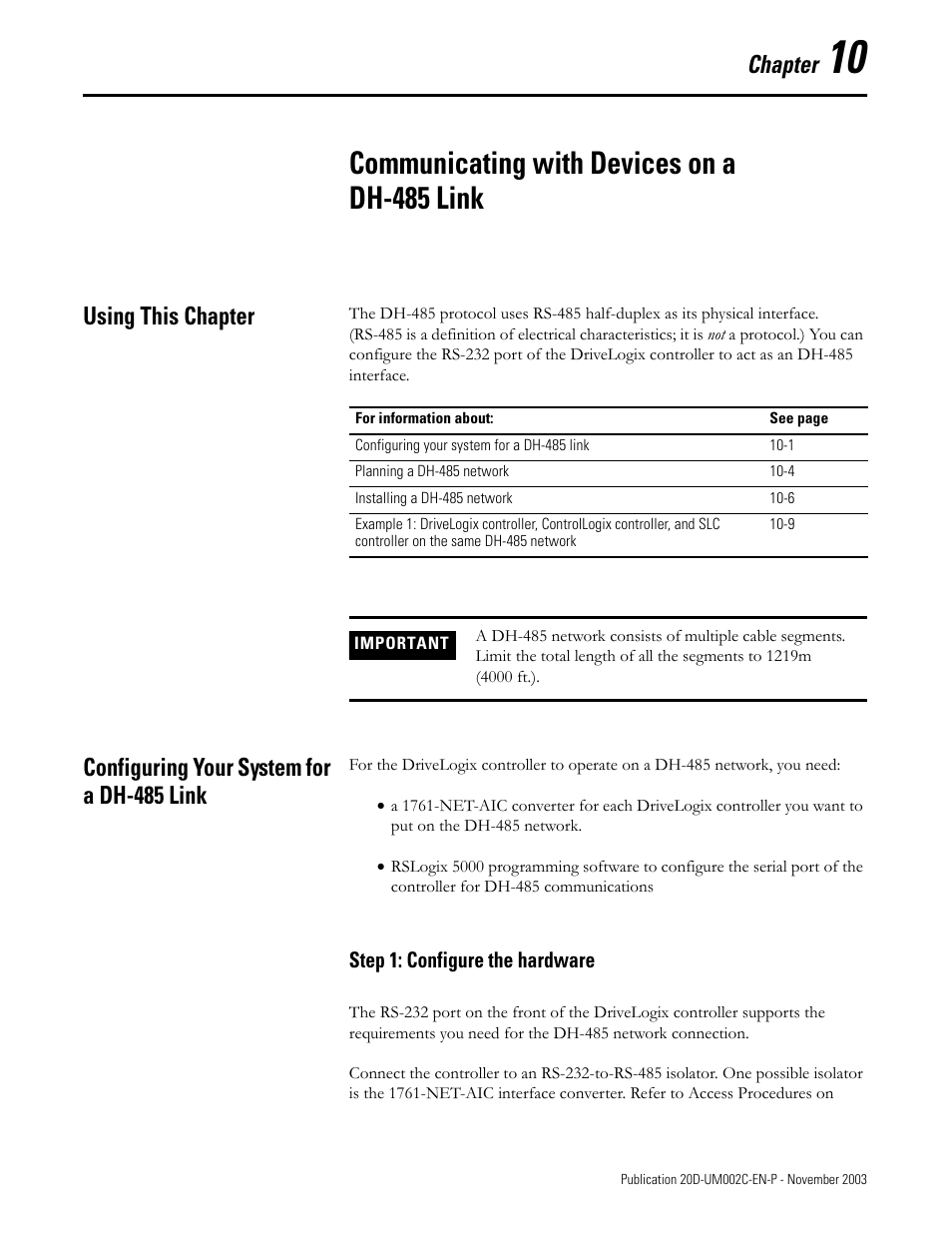 Chapter 10, Communicating with devices on a dh-485 link, Using this chapter | Configuring your system for a dh-485 link | Rockwell Automation 5720 DriveLogix System User Manual | Page 211 / 263