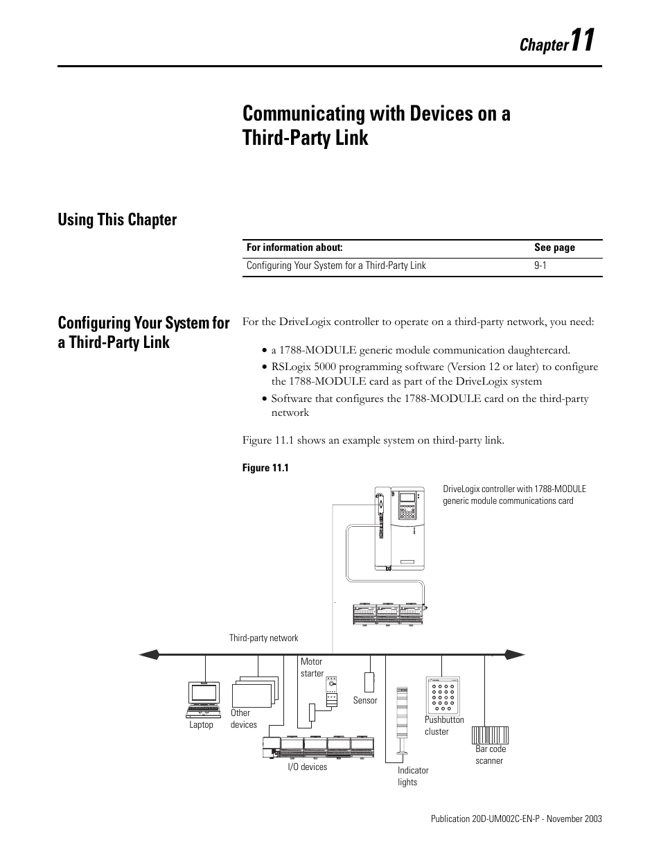 Chapter 11, Communicating with devices on a third-party link, Using this chapter | Configuring your system for a third-party link, Chapter11 | Rockwell Automation 5720 DriveLogix System User Manual | Page 221 / 263