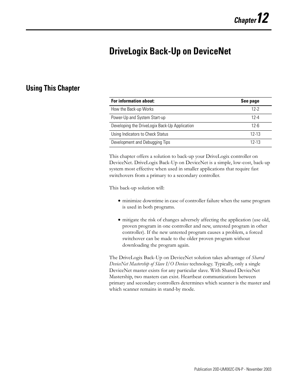 Chapter 12, Drivelogix back-up on devicenet, Using this chapter | Chapter12 | Rockwell Automation 5720 DriveLogix System User Manual | Page 225 / 263