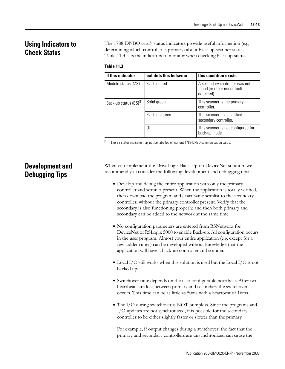 Using indicators to check status, Development and debugging tips | Rockwell Automation 5720 DriveLogix System User Manual | Page 237 / 263