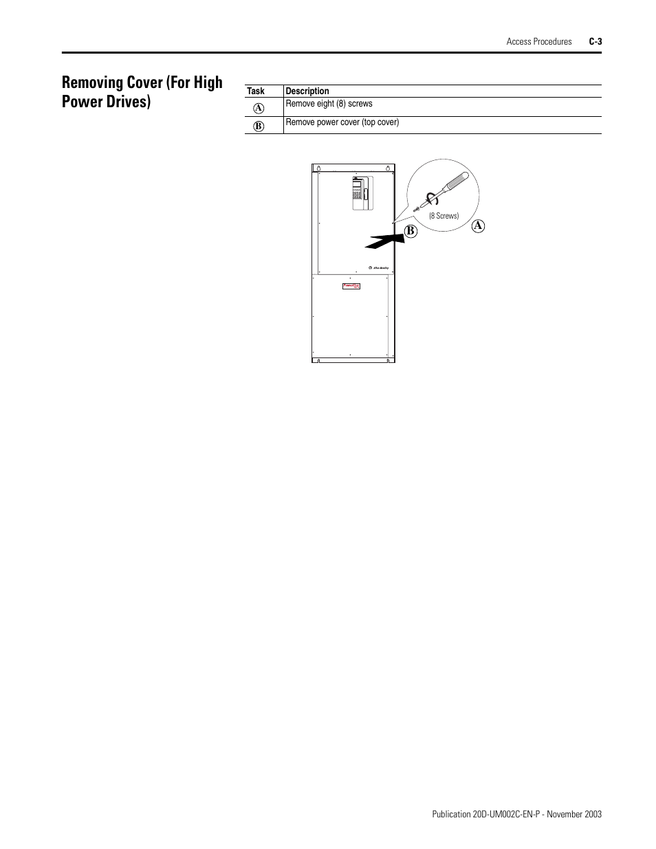 Removing cover (for high power drives) | Rockwell Automation 5720 DriveLogix System User Manual | Page 253 / 263