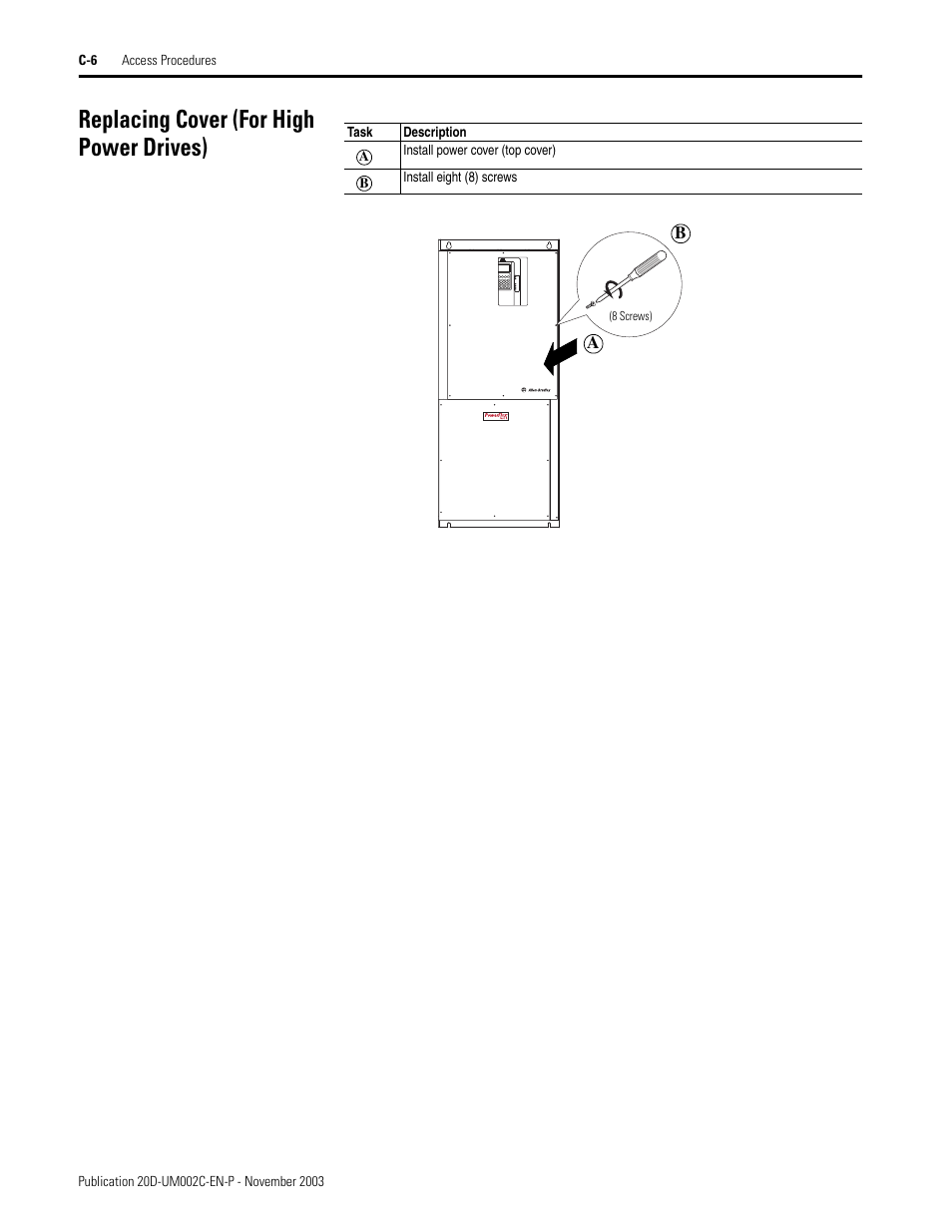 Replacing cover (for high power drives) | Rockwell Automation 5720 DriveLogix System User Manual | Page 256 / 263