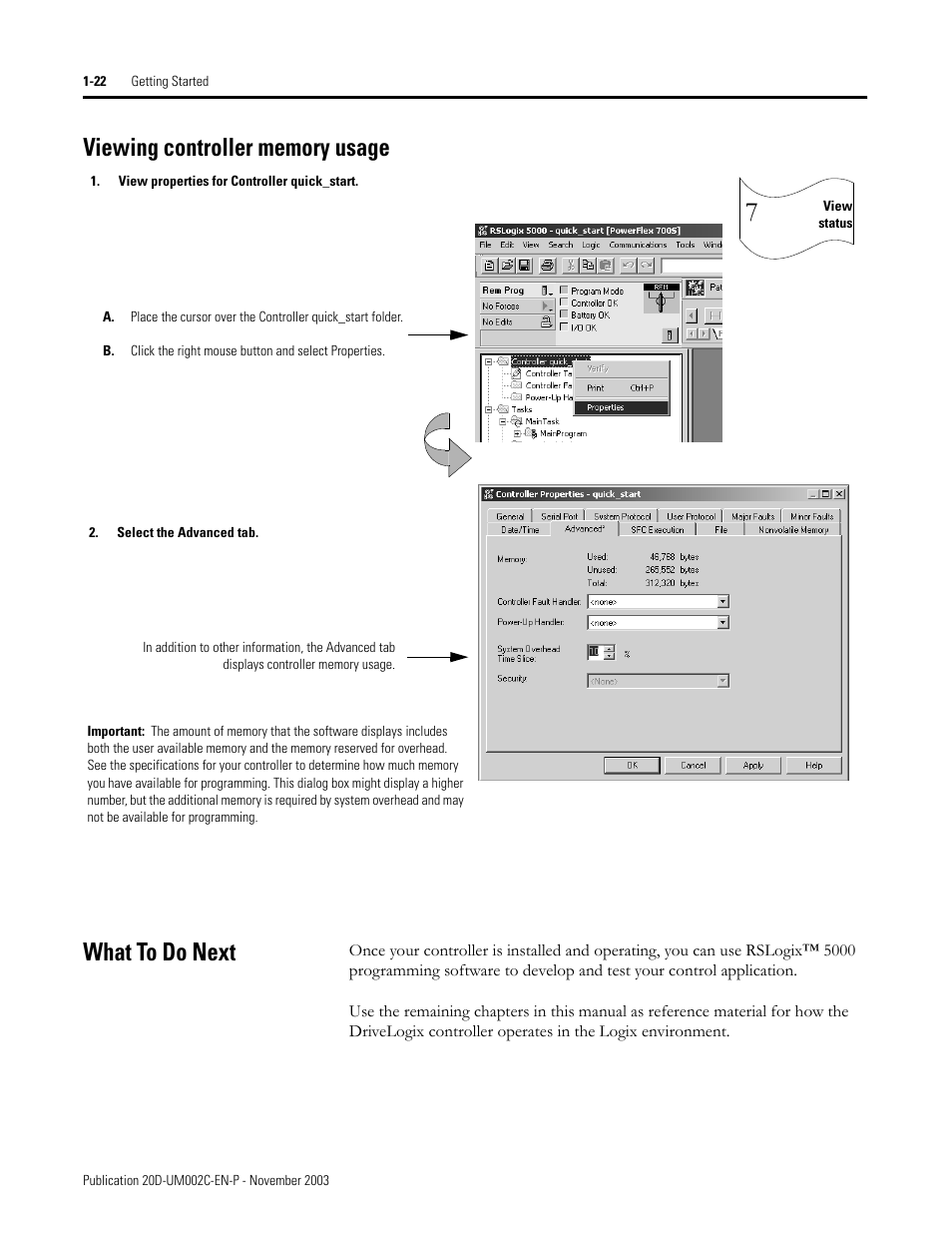 Viewing controller memory usage, What to do next, Viewing controller memory usage what to do next | Rockwell Automation 5720 DriveLogix System User Manual | Page 34 / 263