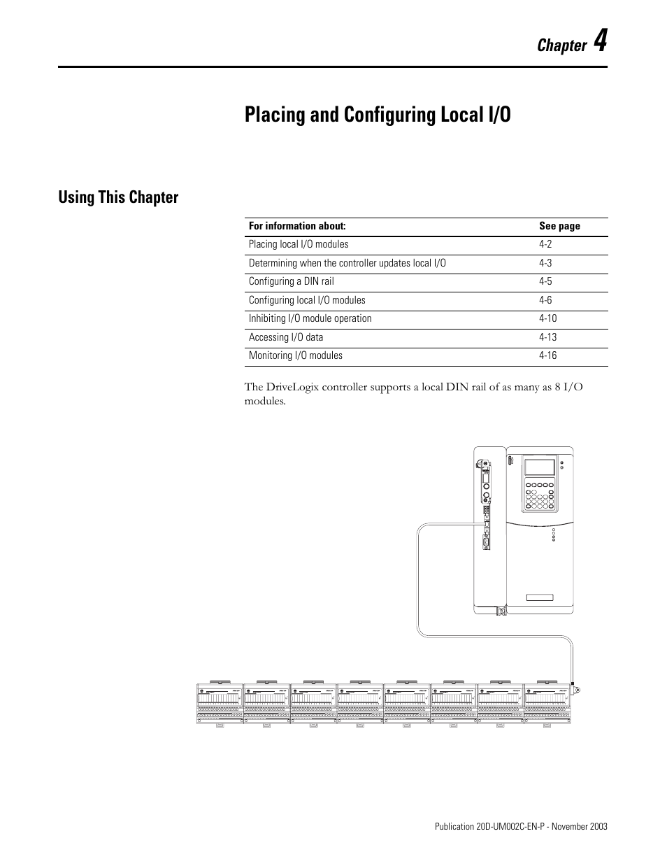 Chapter 4, Placing and configuring local i/o, Using this chapter | Rockwell Automation 5720 DriveLogix System User Manual | Page 85 / 263