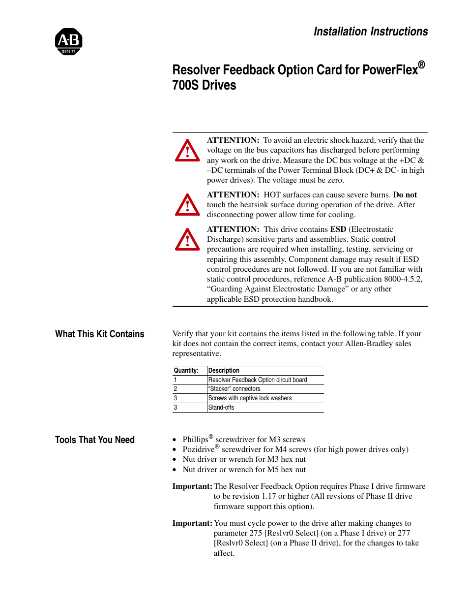 Rockwell Automation 20D-RES-A0 PowerFlex 700S Resolver Feedback Option User Manual | 16 pages