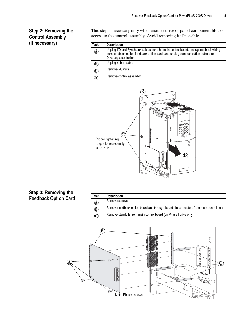 Step 3: removing the feedback option card | Rockwell Automation 20D-RES-A0 PowerFlex 700S Resolver Feedback Option User Manual | Page 5 / 16