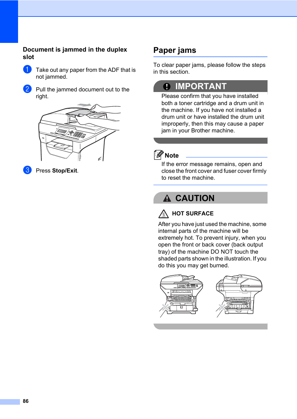 Document is jammed in the duplex slot, Paper jams, Important | Caution | Brother DCP-8085DN User Manual | Page 100 / 158