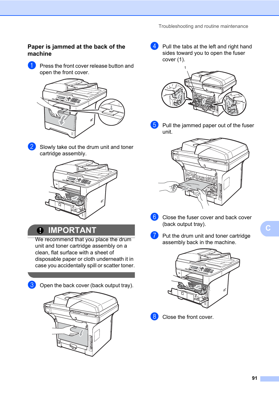 Paper is jammed at the back of the machine, Important | Brother DCP-8085DN User Manual | Page 105 / 158