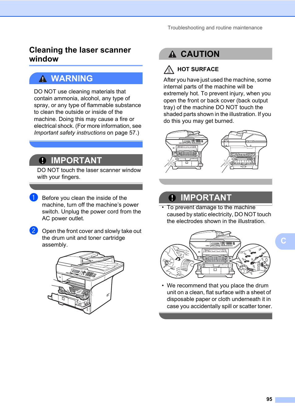 Cleaning the laser scanner window, Warning, Important | Caution, Ccleaning the laser scanner window | Brother DCP-8085DN User Manual | Page 109 / 158