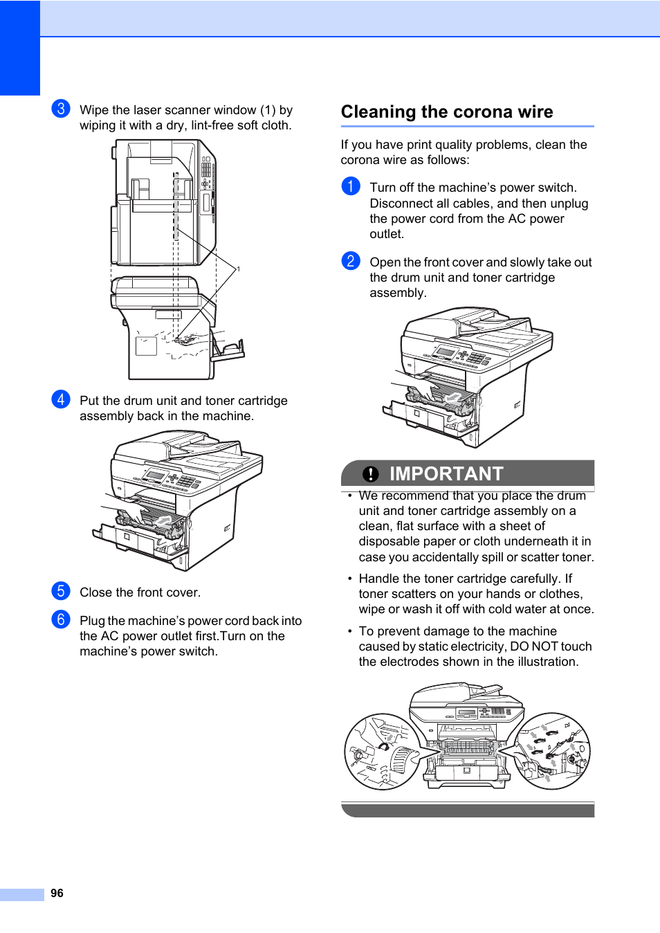 Cleaning the corona wire, Important | Brother DCP-8085DN User Manual | Page 110 / 158