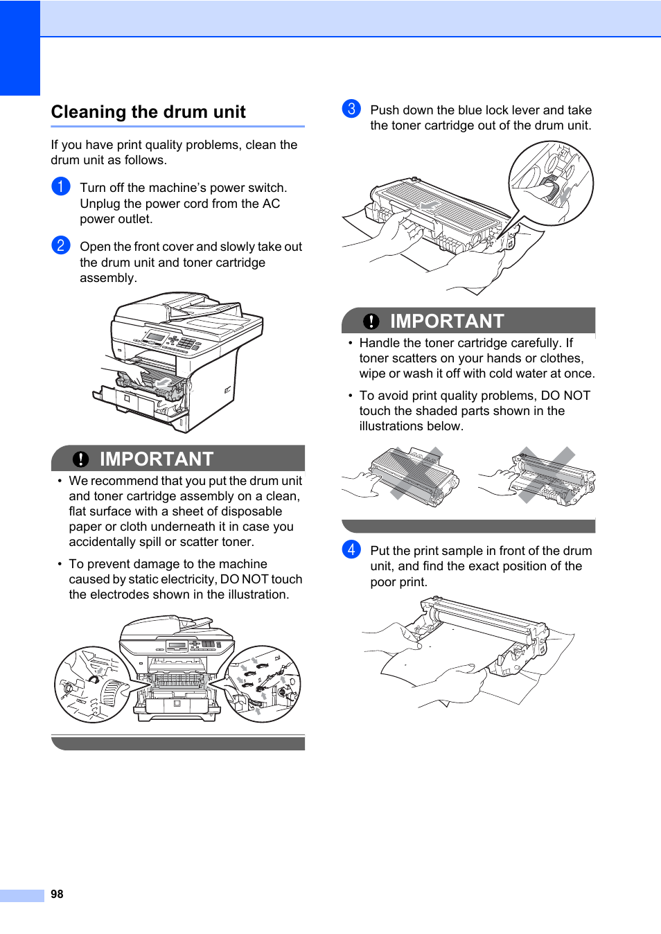Cleaning the drum unit, Important | Brother DCP-8085DN User Manual | Page 112 / 158