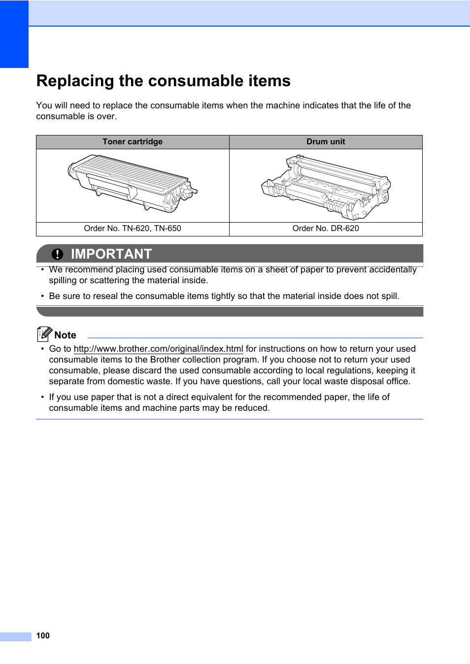Replacing the consumable items, Important | Brother DCP-8085DN User Manual | Page 114 / 158