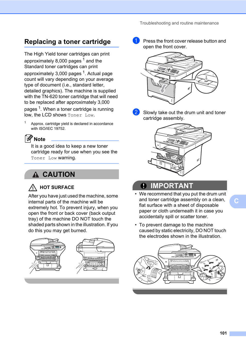 Replacing a toner cartridge, Caution, Important | Creplacing a toner cartridge | Brother DCP-8085DN User Manual | Page 115 / 158