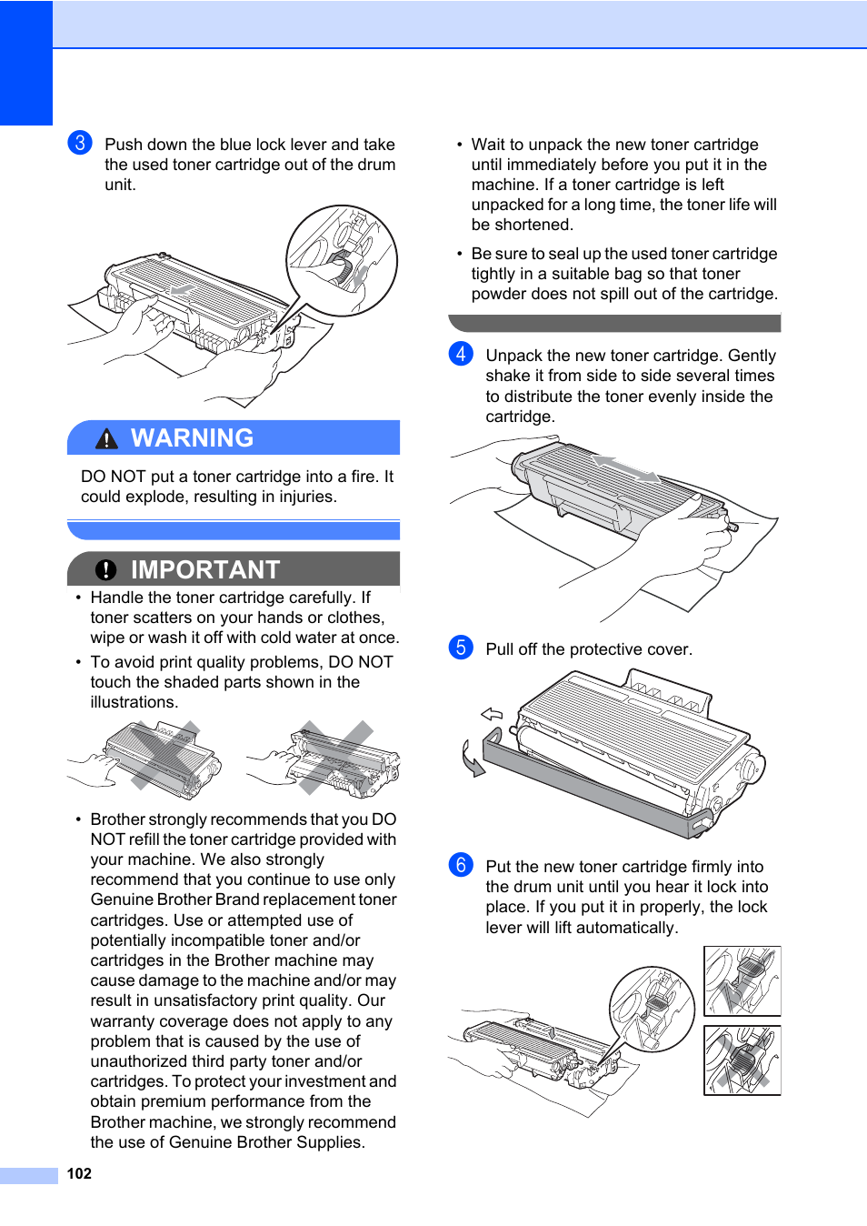 Warning, Important | Brother DCP-8085DN User Manual | Page 116 / 158
