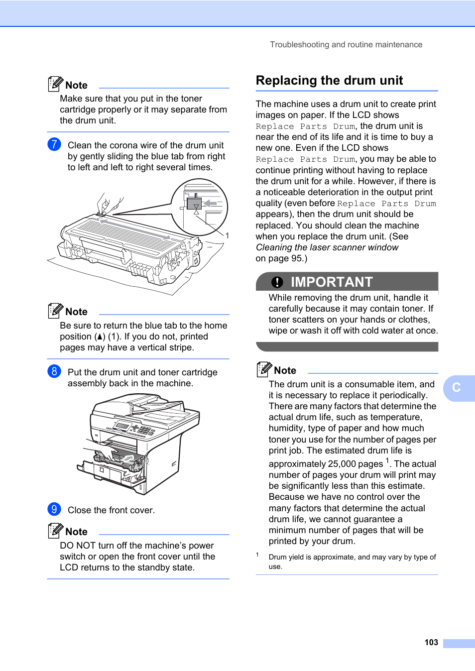 Replacing the drum unit, Important | Brother DCP-8085DN User Manual | Page 117 / 158