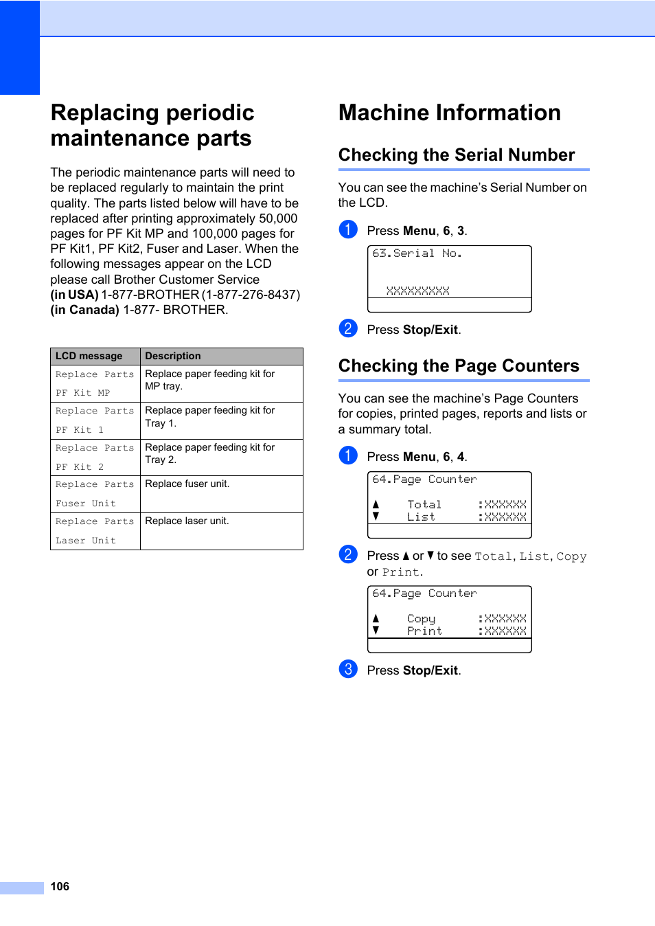 Replacing periodic maintenance parts, Machine information, Checking the serial number | Checking the page counters | Brother DCP-8085DN User Manual | Page 120 / 158