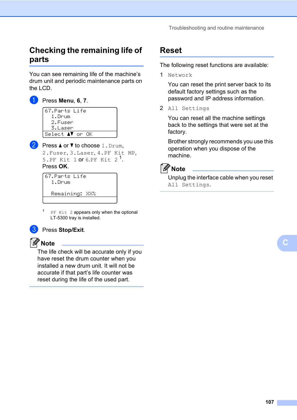 Checking the remaining life of parts, Reset, Checking the remaining life of parts reset | Cchecking the remaining life of parts | Brother DCP-8085DN User Manual | Page 121 / 158