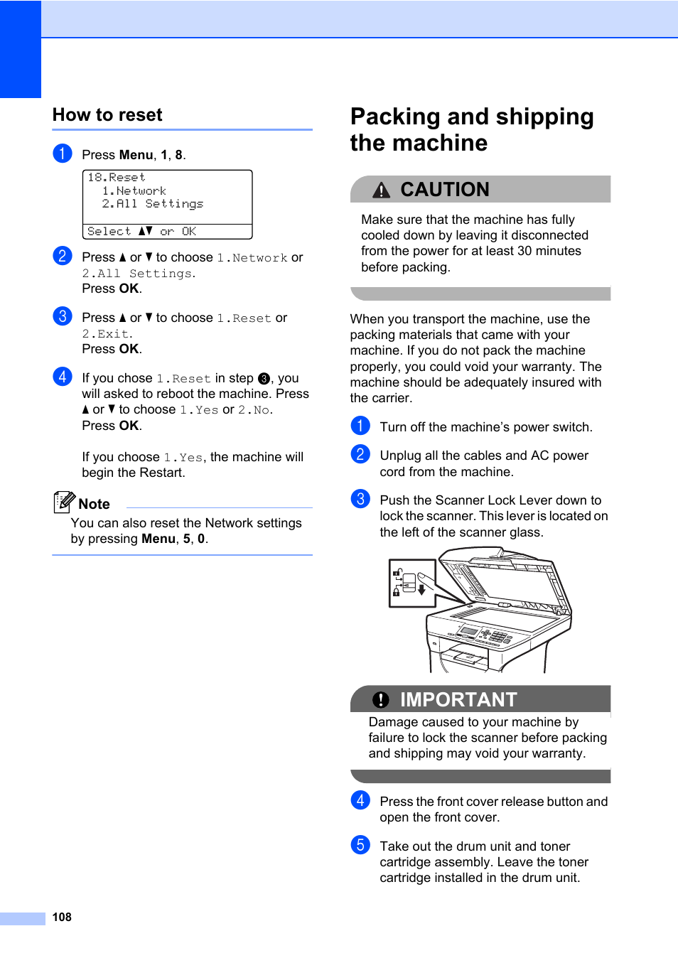 How to reset, Packing and shipping the machine, Caution | Important | Brother DCP-8085DN User Manual | Page 122 / 158
