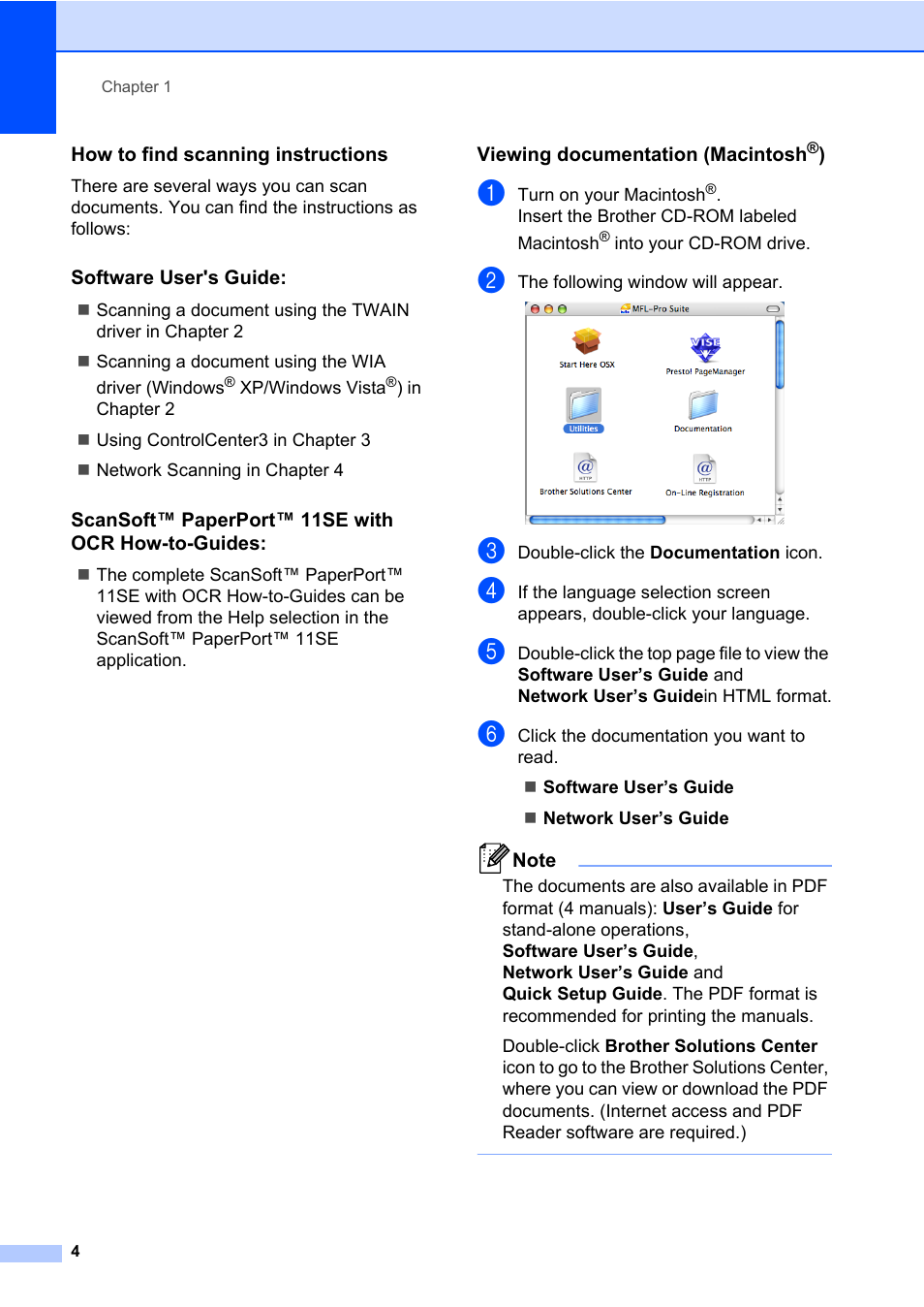 How to find scanning instructions, Software user's guide, Scansoft™ paperport™ 11se with ocr how-to-guides | Viewing documentation (macintosh®) | Brother DCP-8085DN User Manual | Page 18 / 158