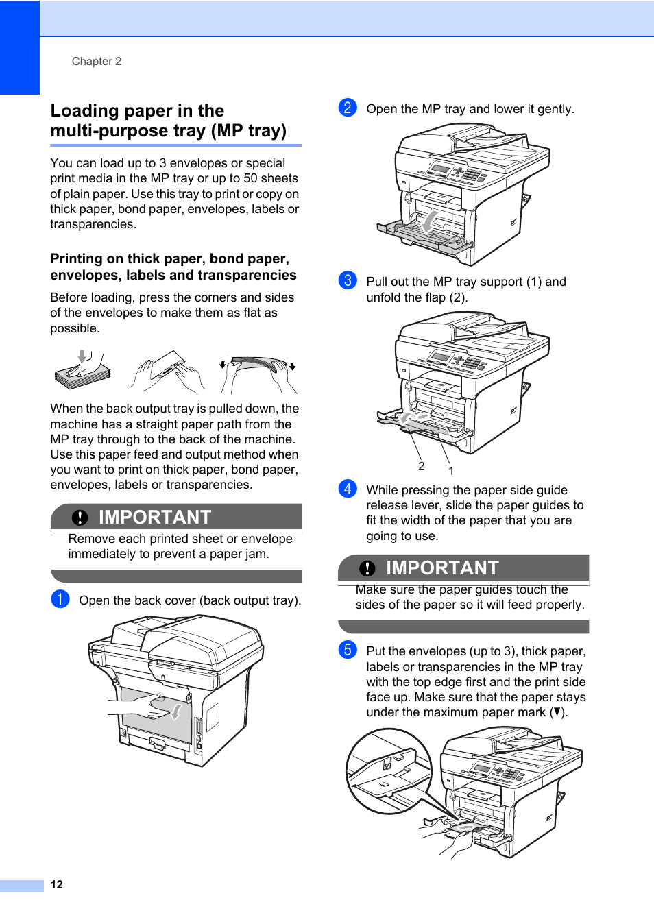 Loading paper in the multi-purpose tray (mp tray), Important | Brother DCP-8085DN User Manual | Page 26 / 158