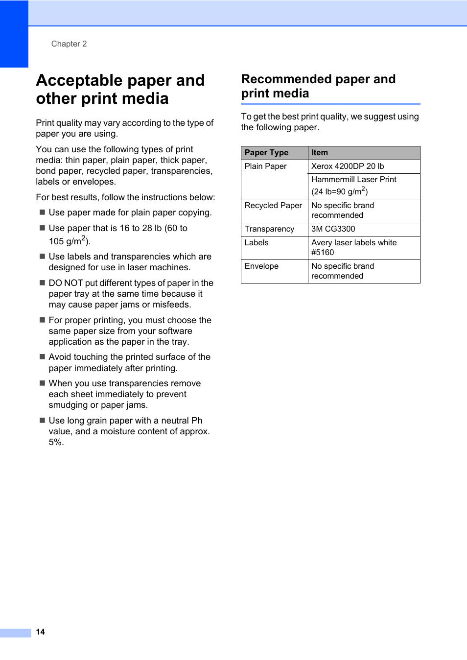Acceptable paper and other print media, Recommended paper and print media | Brother DCP-8085DN User Manual | Page 28 / 158