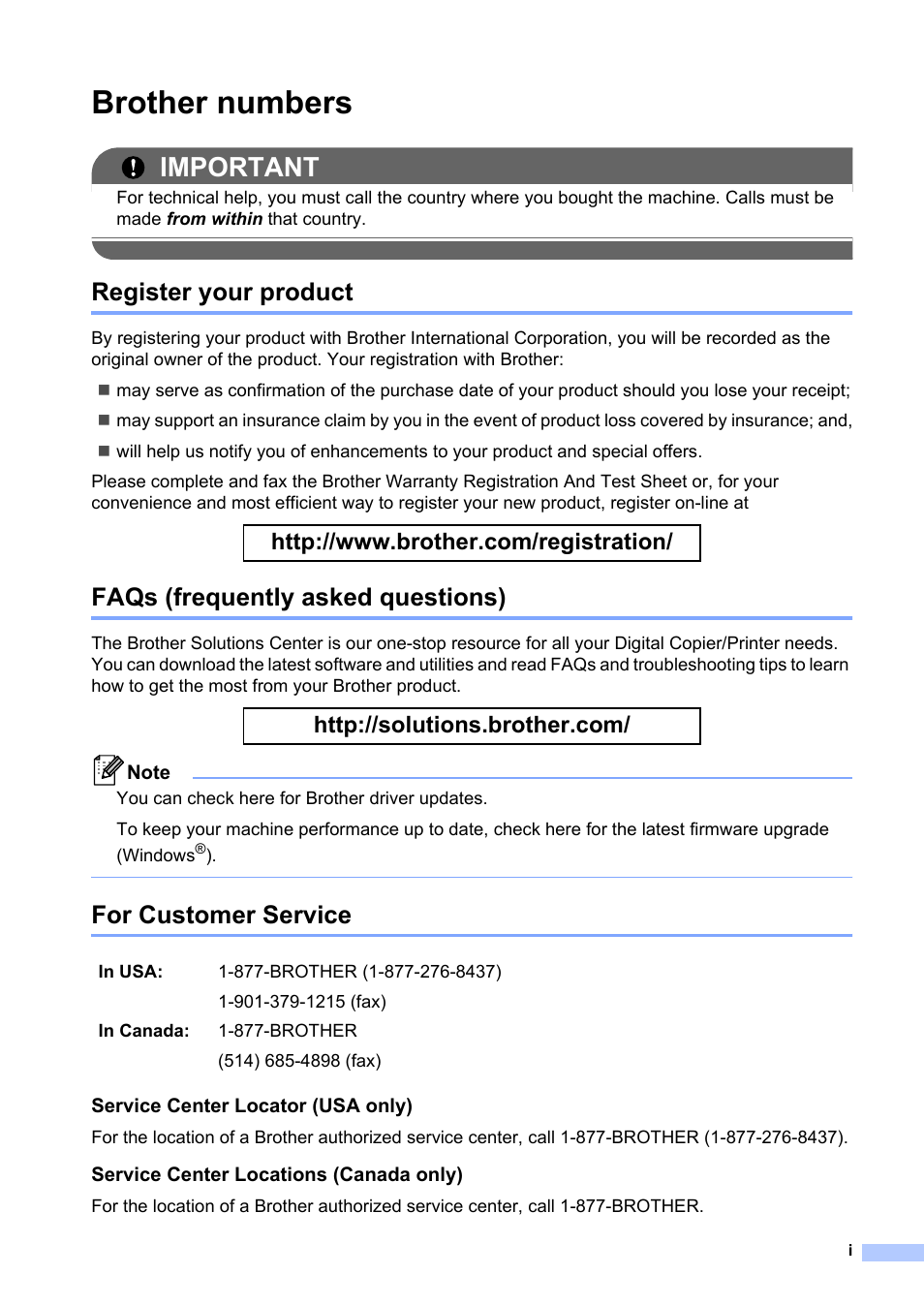 Brother numbers, Register your product, Faqs (frequently asked questions) | For customer service, Important | Brother DCP-8085DN User Manual | Page 3 / 158