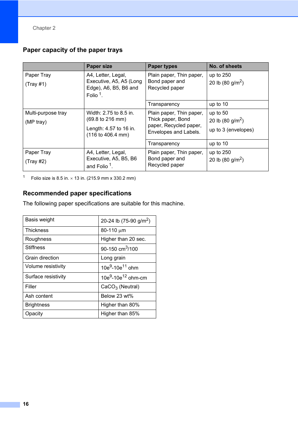 Paper capacity of the paper trays, Recommended paper specifications | Brother DCP-8085DN User Manual | Page 30 / 158