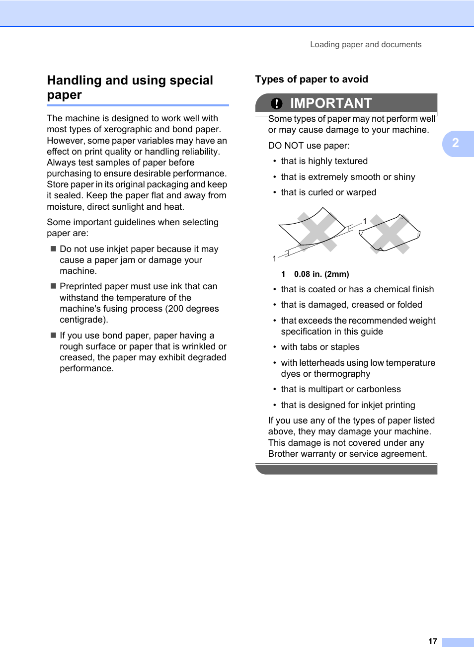 Handling and using special paper, Types of paper to avoid, Important | 2handling and using special paper | Brother DCP-8085DN User Manual | Page 31 / 158