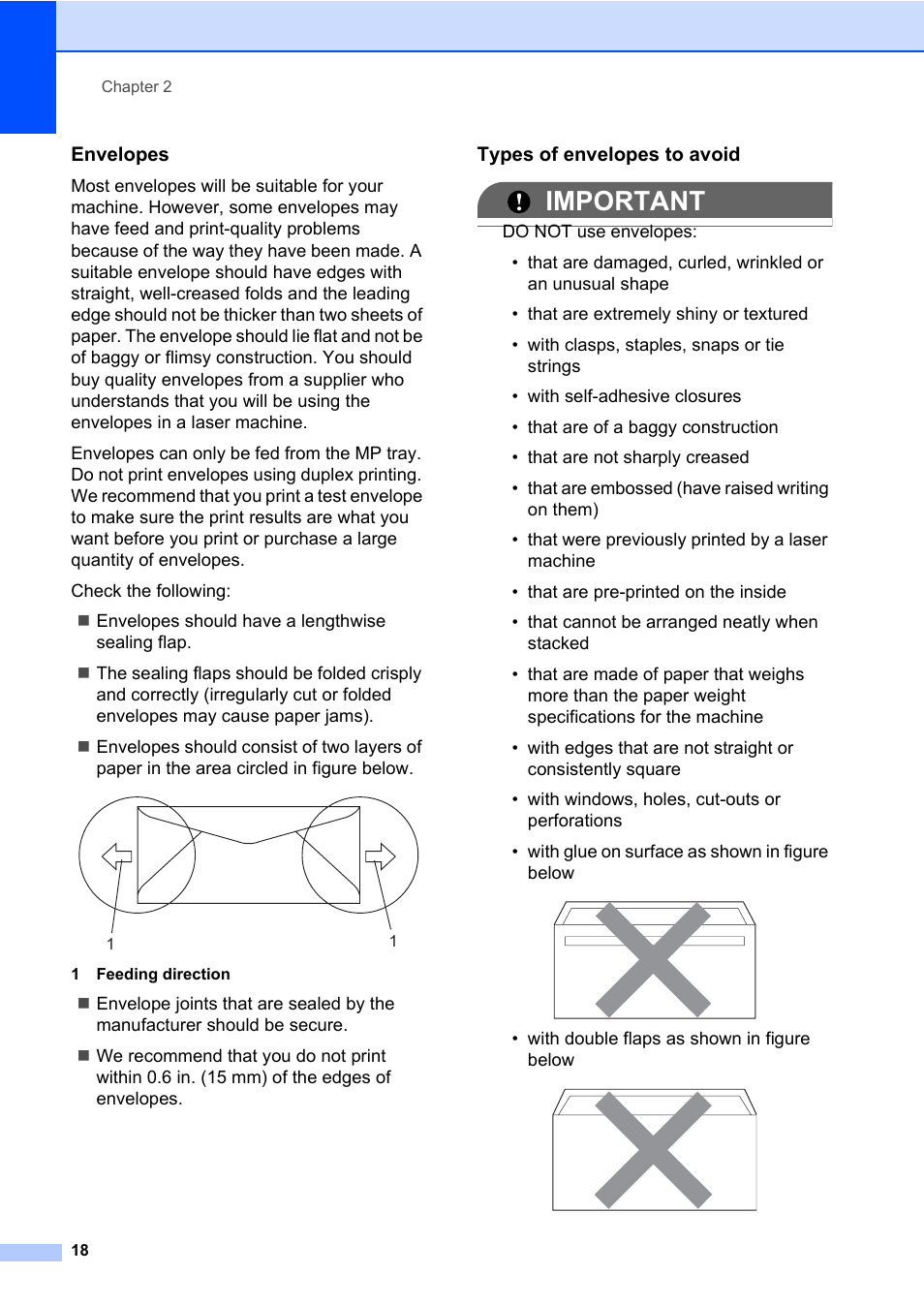 Envelopes, Types of envelopes to avoid, Important | Brother DCP-8085DN User Manual | Page 32 / 158