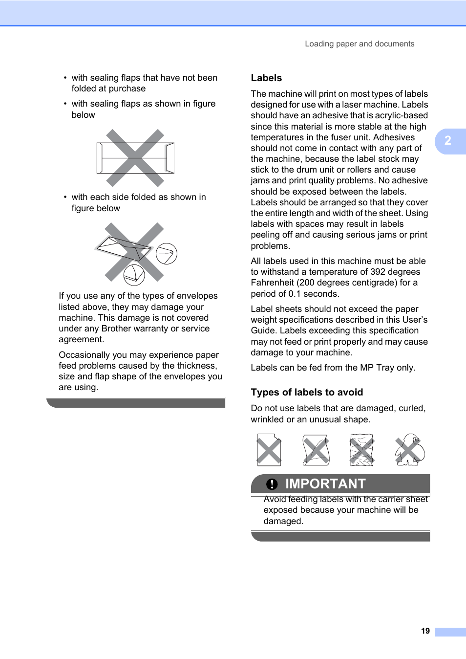 Labels, Types of labels to avoid, Important | Brother DCP-8085DN User Manual | Page 33 / 158