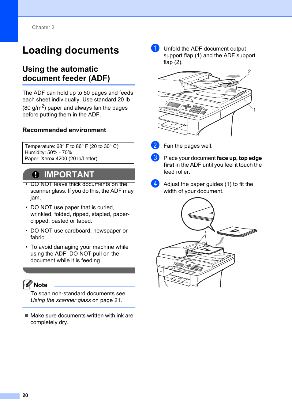 Loading documents, Using the automatic document feeder (adf), Recommended environment | Important | Brother DCP-8085DN User Manual | Page 34 / 158