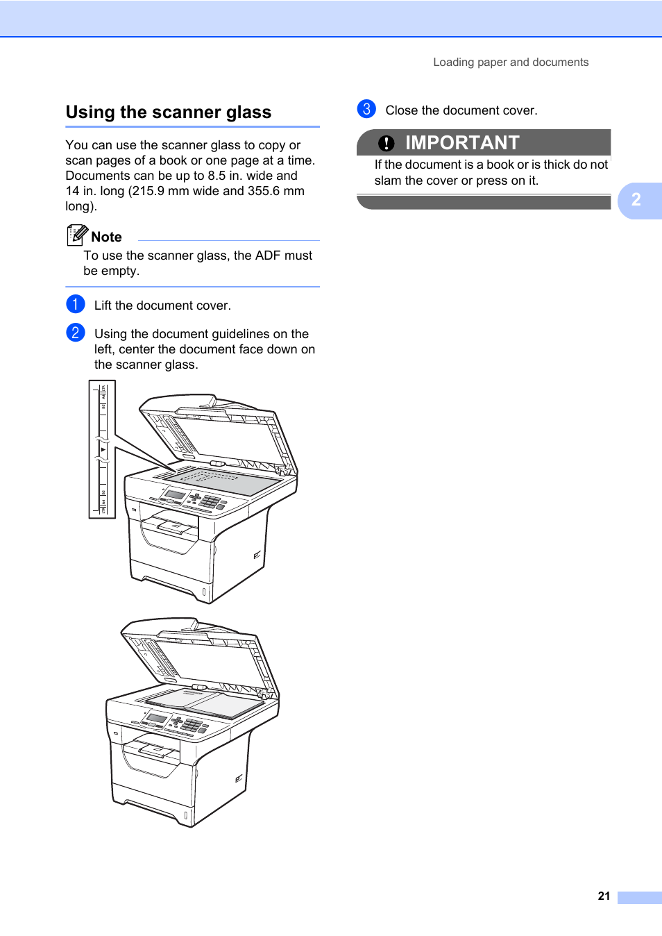 Using the scanner glass, Important, 2using the scanner glass | Brother DCP-8085DN User Manual | Page 35 / 158