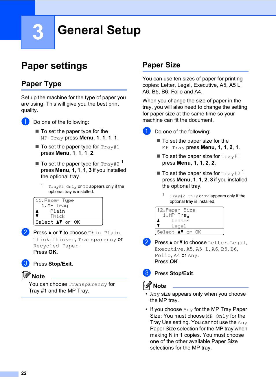 3 general setup, Paper settings, Paper type | Paper size, General setup, Paper type paper size | Brother DCP-8085DN User Manual | Page 36 / 158